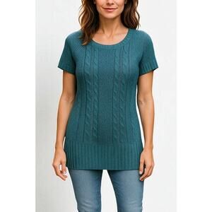 2/$15 The Limited Cable Knit Tunic Sweater Teal Short Sleeve Pullover Size XS